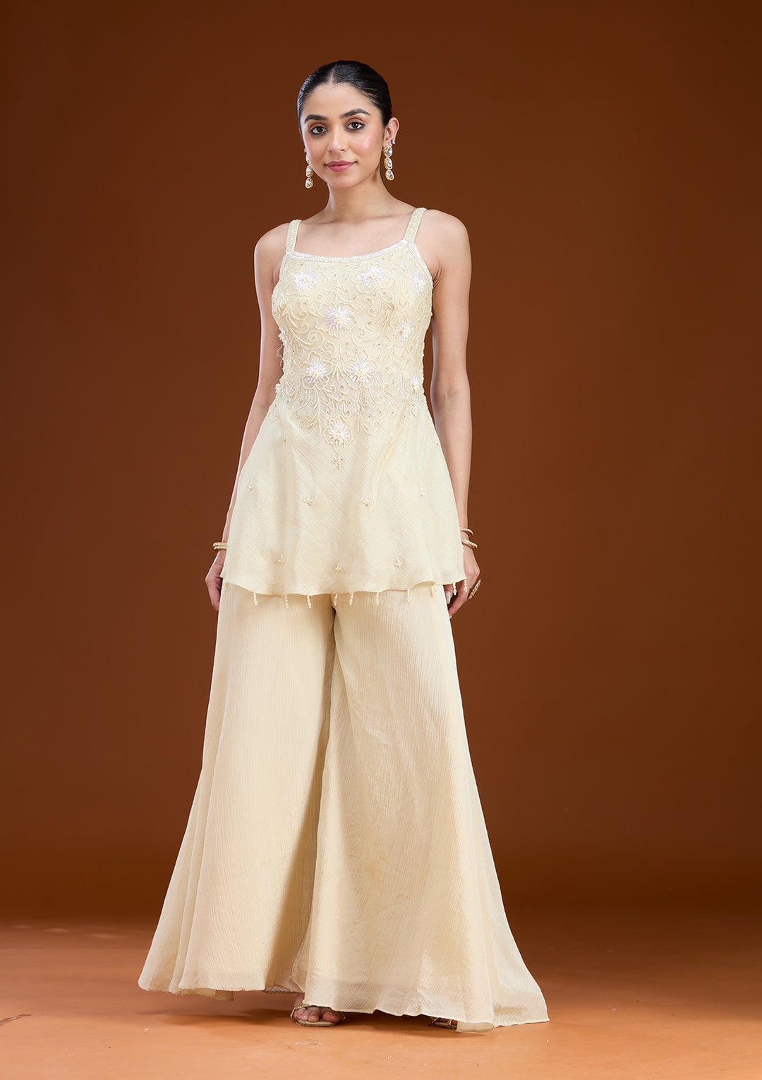 Cream Tissue Cutdana Peplum Kurta With Palazzo And Dupatta