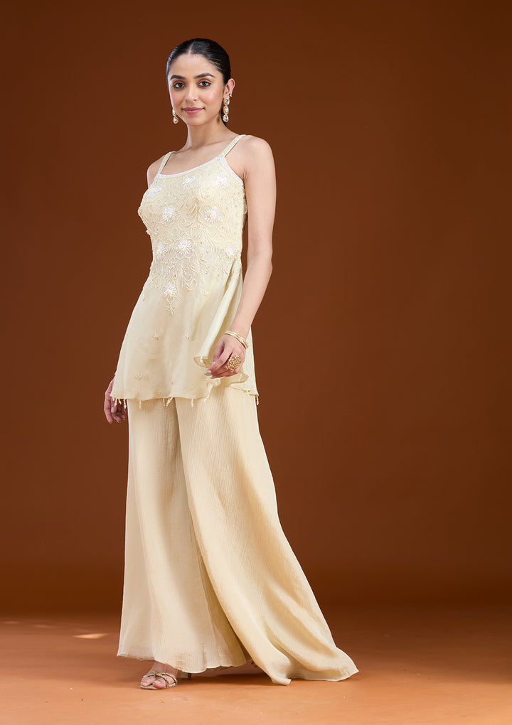 Cream Tissue Cutdana Peplum Kurta With Palazzo And Dupatta