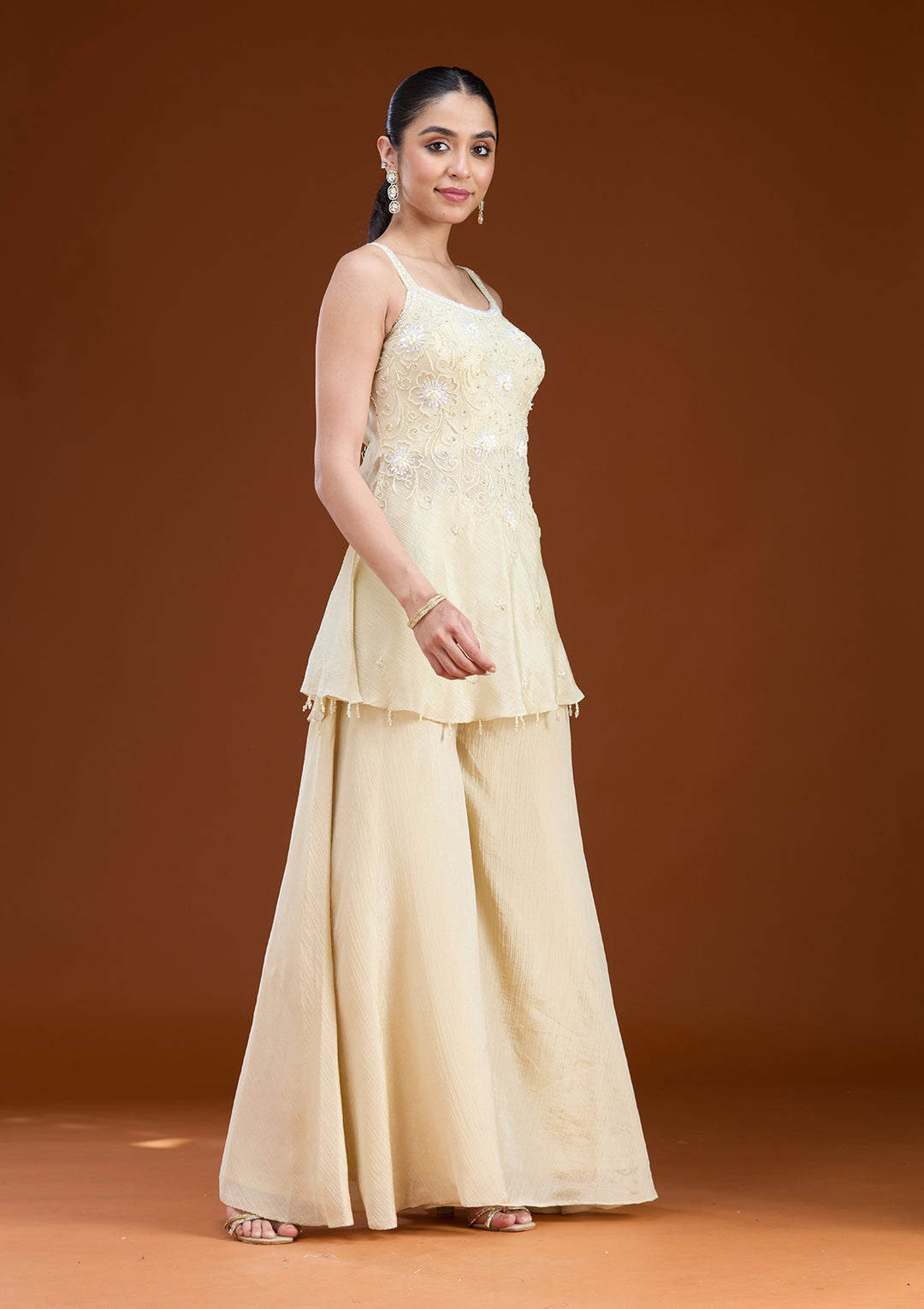 Cream Tissue Cutdana Peplum Kurta With Palazzo And Dupatta