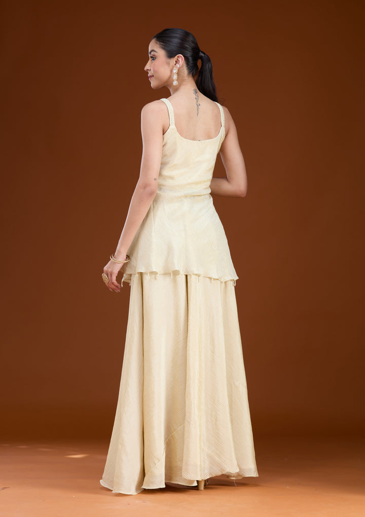 Cream Tissue Cutdana Peplum Kurta With Palazzo And Dupatta