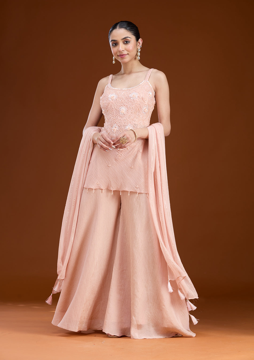 Peach Tissue Cutdana Peplum Kurta With Palazzo And Dupatta