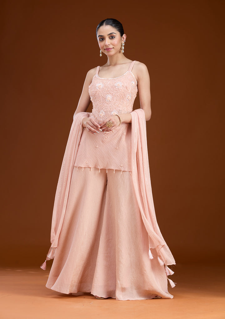 Peach Tissue Cutdana Peplum Kurta With Palazzo And Dupatta