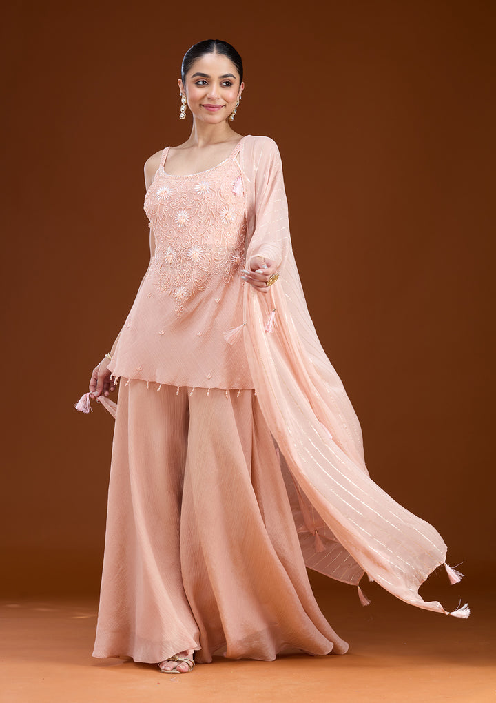 Peach Tissue Cutdana Peplum Kurta With Palazzo And Dupatta