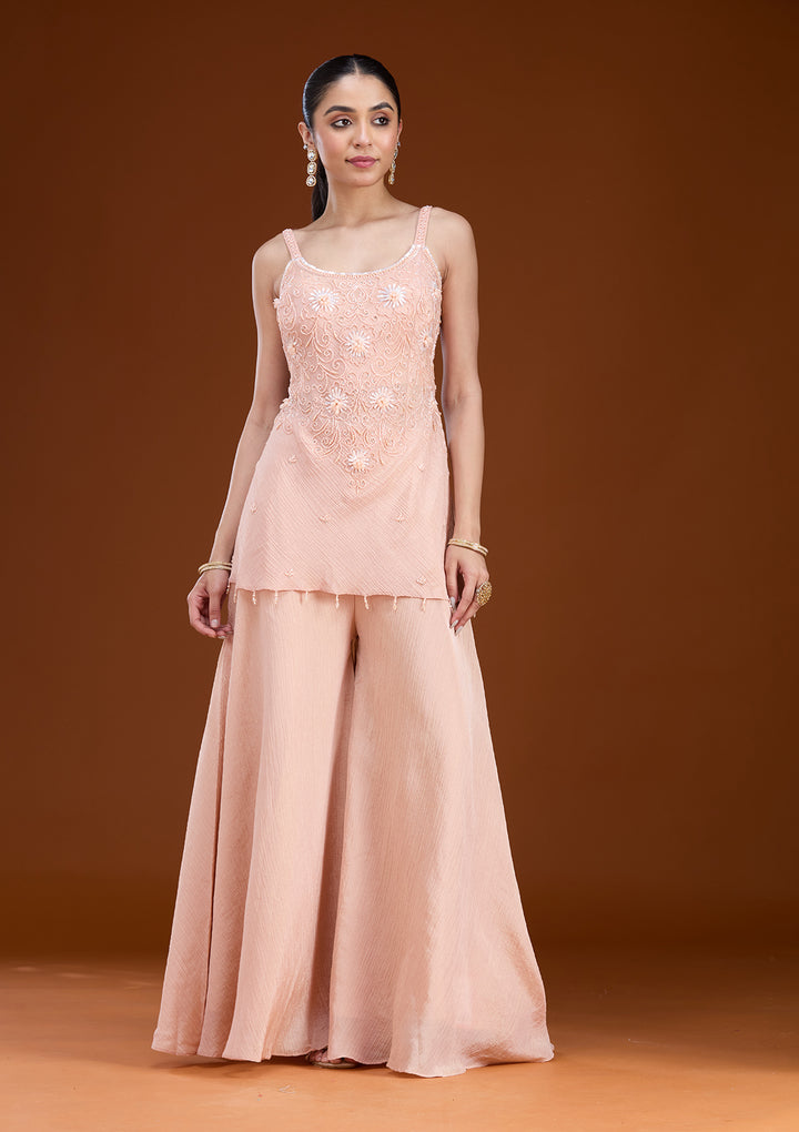 Peach Tissue Cutdana Peplum Kurta With Palazzo And Dupatta