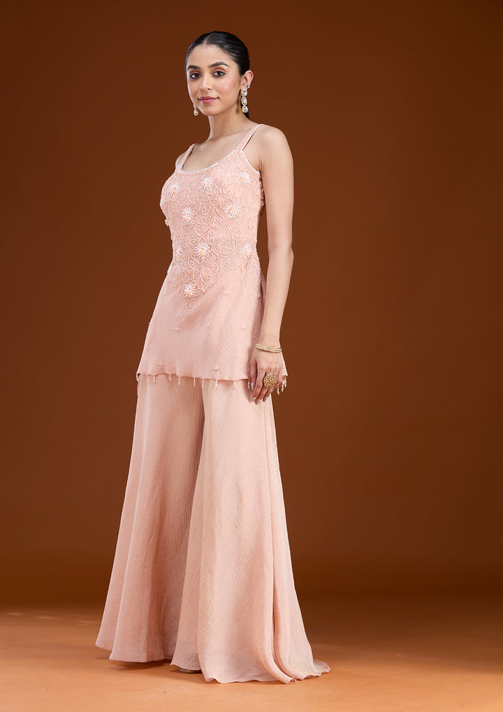 Peach Tissue Cutdana Peplum Kurta With Palazzo And Dupatta
