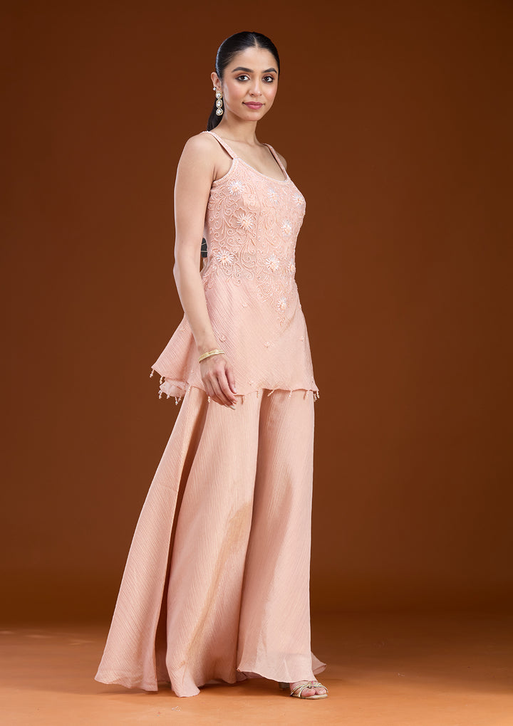 Peach Tissue Cutdana Peplum Kurta With Palazzo And Dupatta