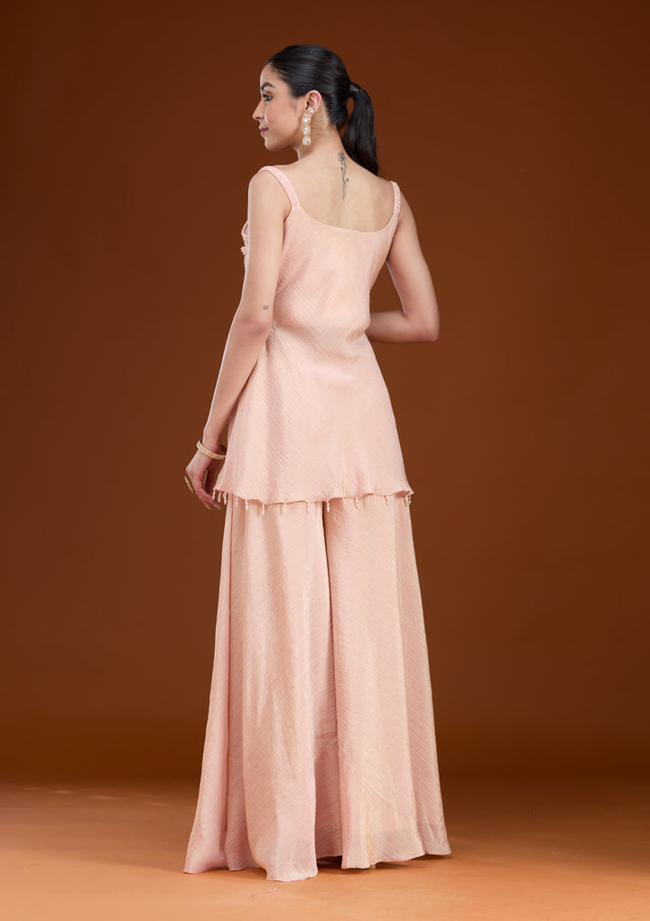 Peach Tissue Cutdana Peplum Kurta With Palazzo And Dupatta