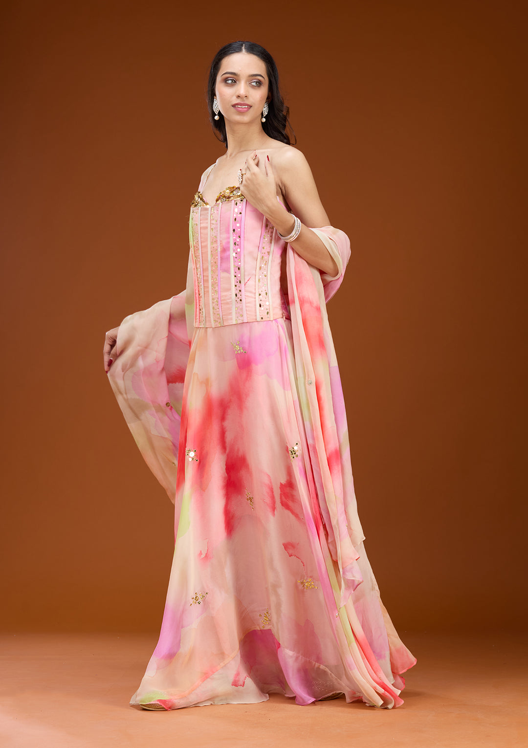 Baby Pink Georgette Abstract Geometric Sequins Straight Kurta With A Line Skirt And Dupatta