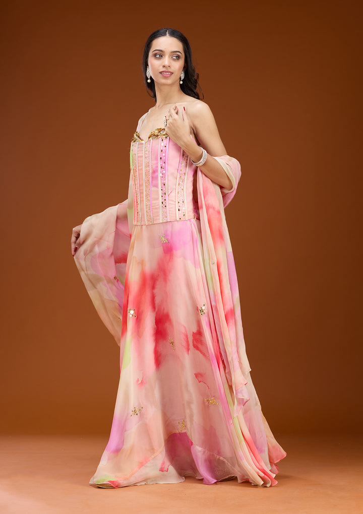 Baby Pink Georgette Abstract Geometric Sequins Straight Kurta With A Line Skirt And Dupatta