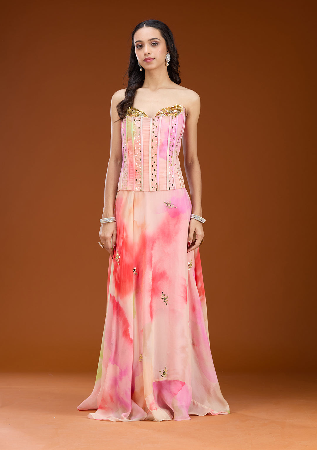 Baby Pink Georgette Abstract Geometric Sequins Straight Kurta With A Line Skirt And Dupatta