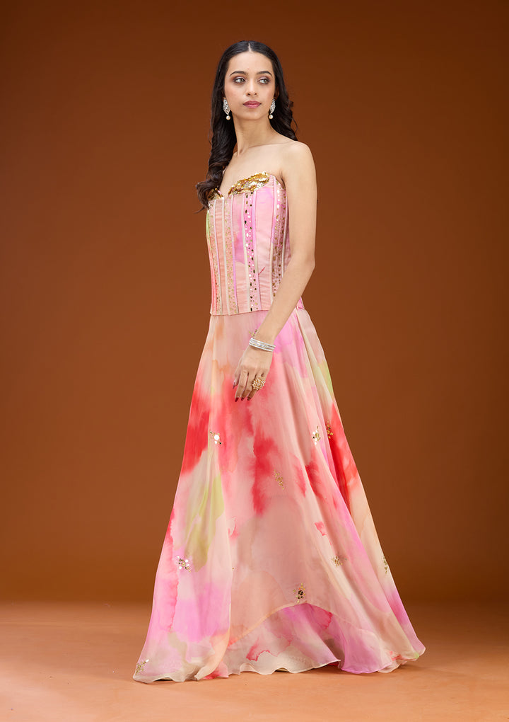 Baby Pink Georgette Abstract Geometric Sequins Straight Kurta With A Line Skirt And Dupatta