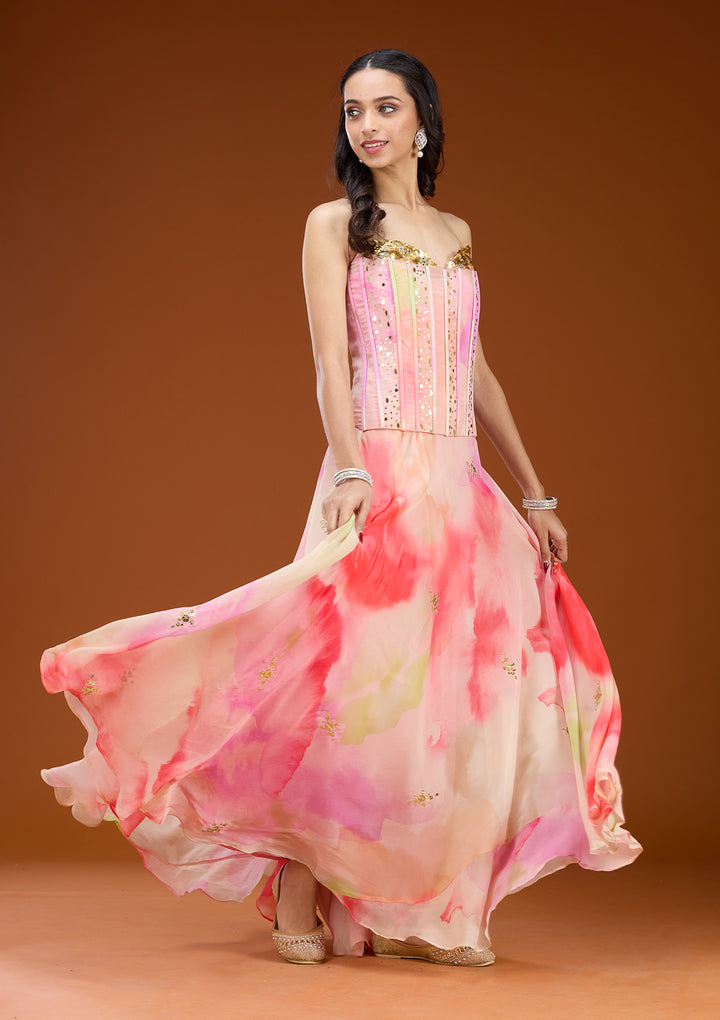 Baby Pink Georgette Abstract Geometric Sequins Straight Kurta With A Line Skirt And Dupatta