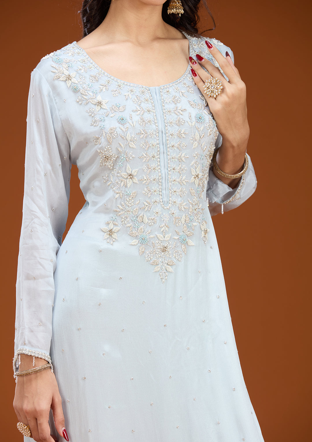 Sky Blue Threadwork Tissue Readymade Salwar Suit