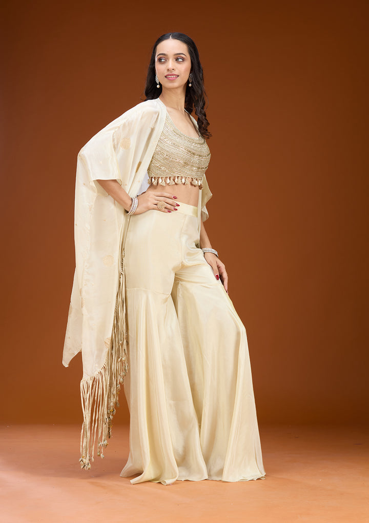 Cream Art Silk Abstract Geometric Zariwork Jacket Kurta With Palazzo And Dupatta