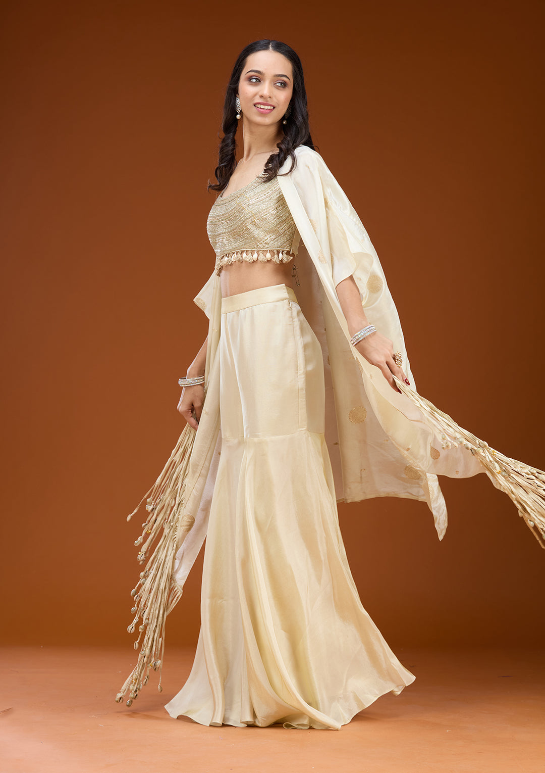 Cream Art Silk Abstract Geometric Zariwork Jacket Kurta With Palazzo And Dupatta