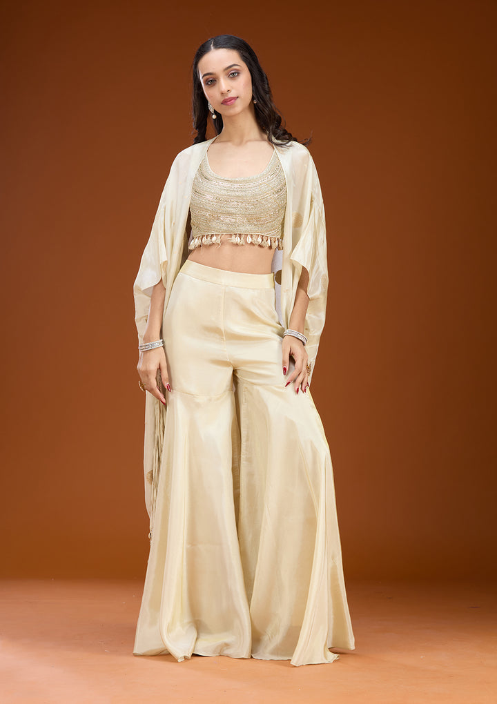 Cream Art Silk Abstract Geometric Zariwork Jacket Kurta With Palazzo And Dupatta