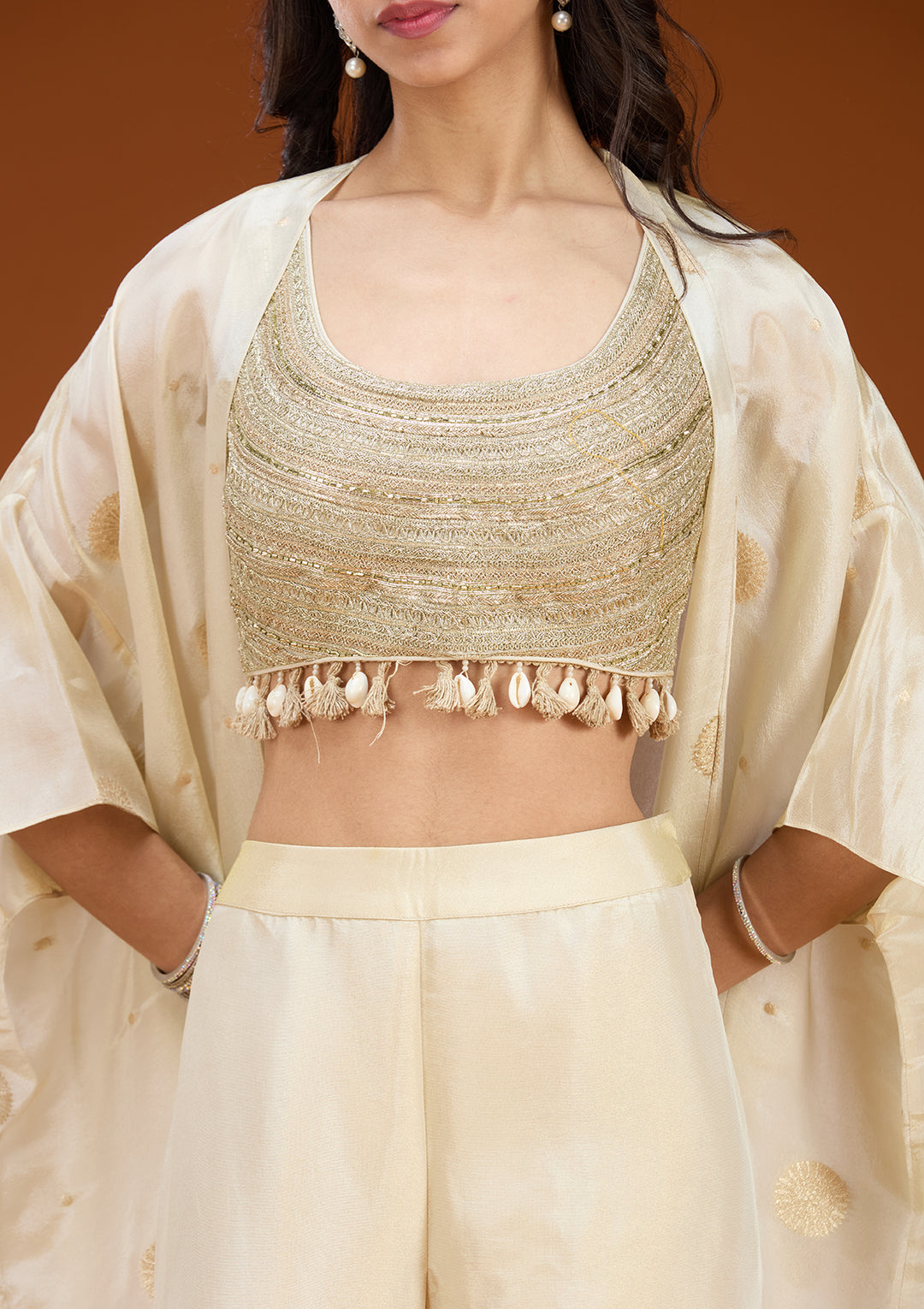 Cream Art Silk Abstract Geometric Zariwork Jacket Kurta With Palazzo And Dupatta