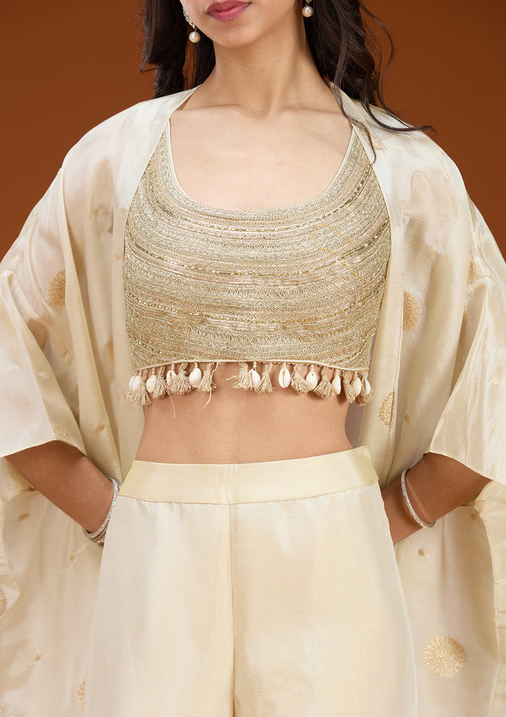 Cream Art Silk Abstract Geometric Zariwork Jacket Kurta With Palazzo And Dupatta