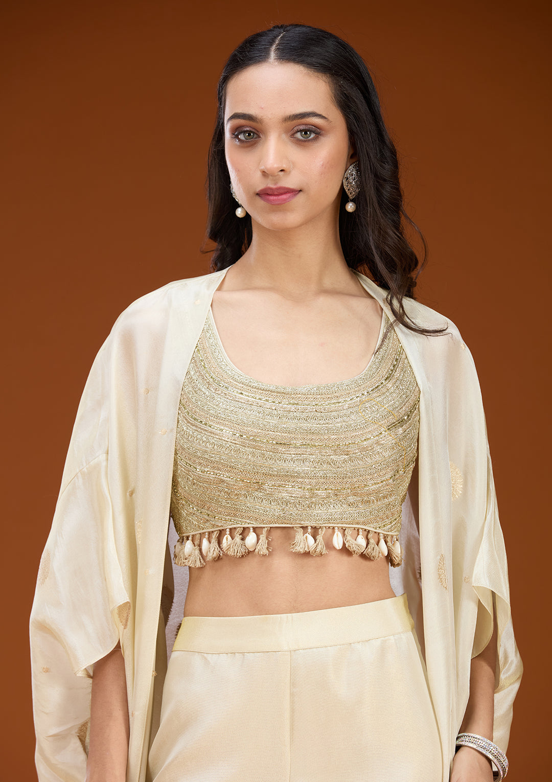 Cream Art Silk Abstract Geometric Zariwork Jacket Kurta With Palazzo And Dupatta