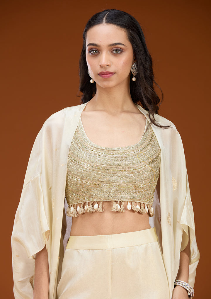 Cream Art Silk Abstract Geometric Zariwork Jacket Kurta With Palazzo And Dupatta