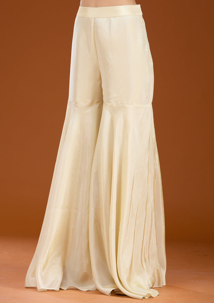 Cream Art Silk Abstract Geometric Zariwork Jacket Kurta With Palazzo And Dupatta