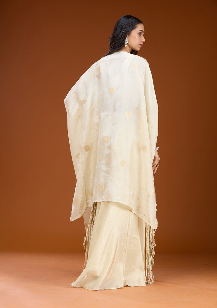 Cream Art Silk Abstract Geometric Zariwork Jacket Kurta With Palazzo And Dupatta