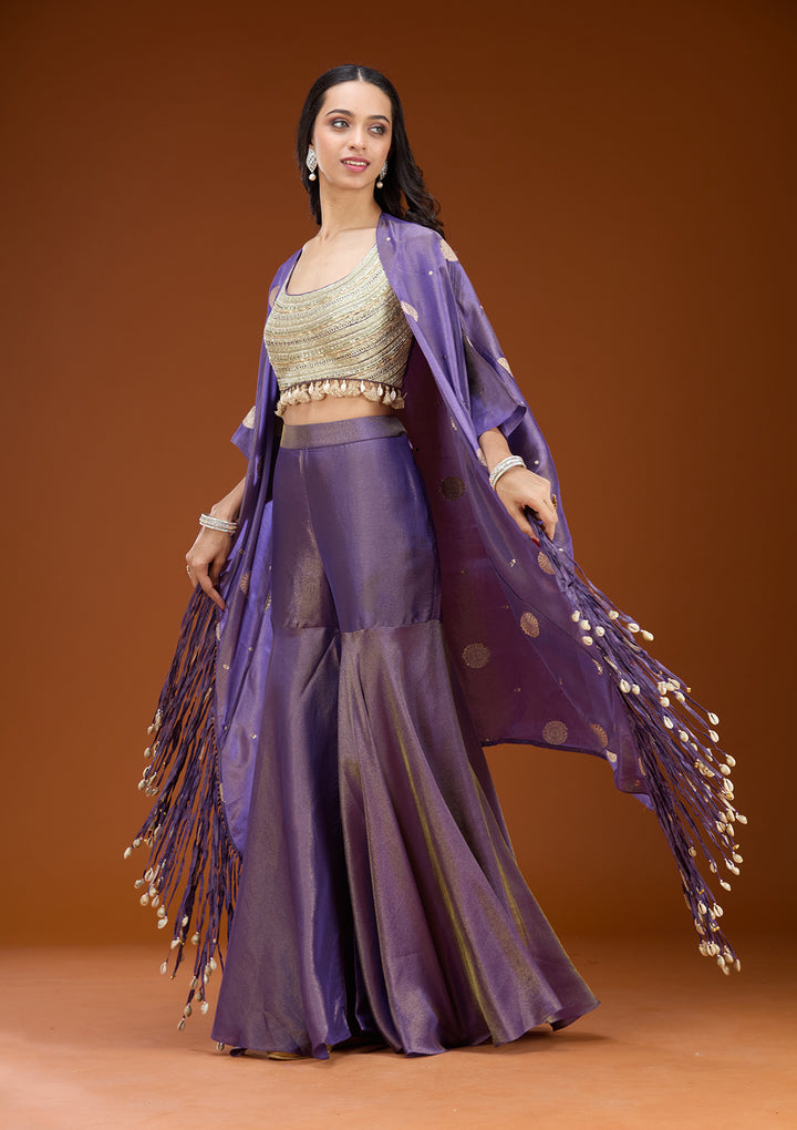 Purple Art Silk Abstract Geometric Zariwork Jacket Kurta With Palazzo And Dupatta