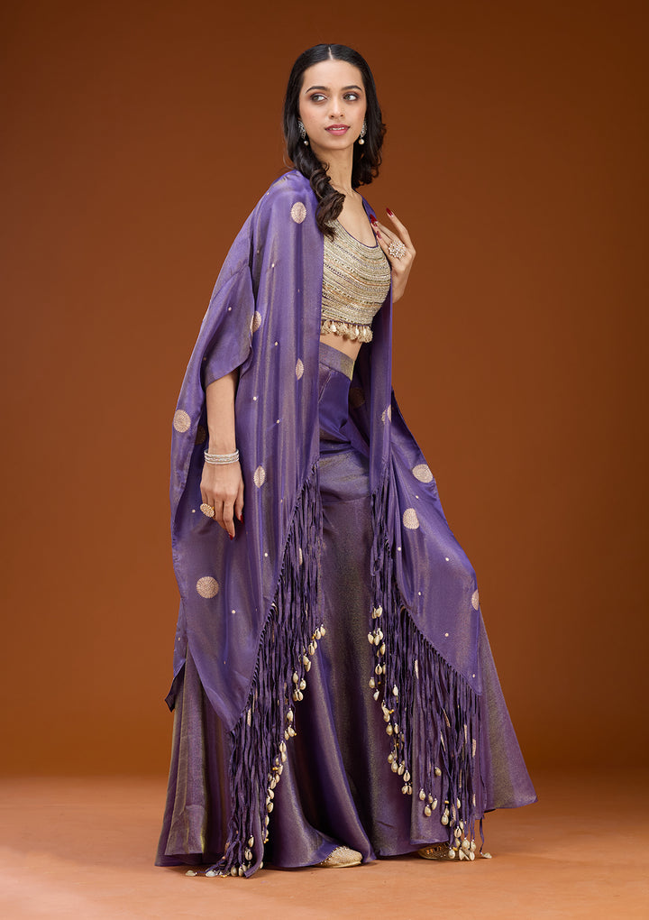 Purple Art Silk Abstract Geometric Zariwork Jacket Kurta With Palazzo And Dupatta
