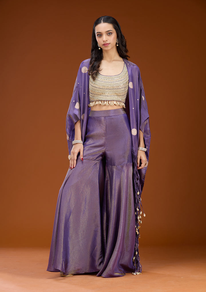 Purple Art Silk Abstract Geometric Zariwork Jacket Kurta With Palazzo And Dupatta
