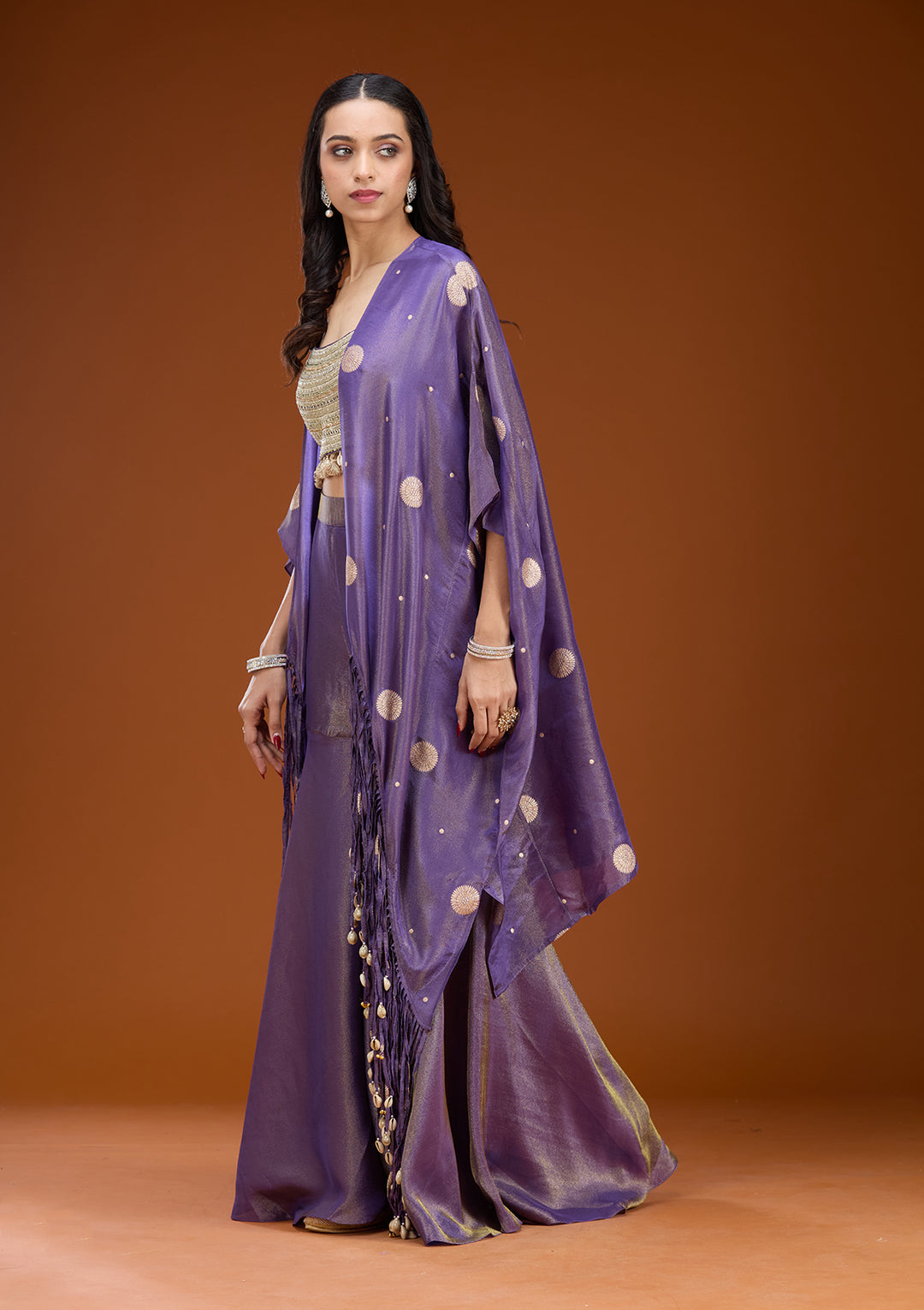 Purple Art Silk Abstract Geometric Zariwork Jacket Kurta With Palazzo And Dupatta