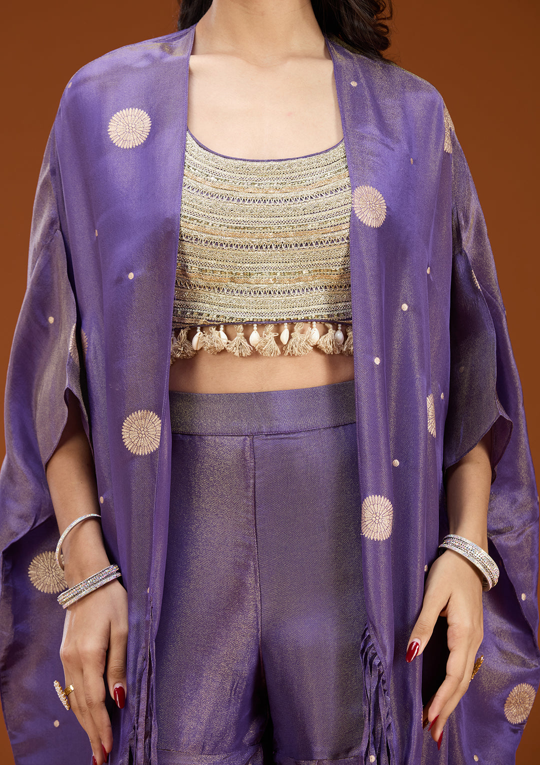 Purple Art Silk Abstract Geometric Zariwork Jacket Kurta With Palazzo And Dupatta