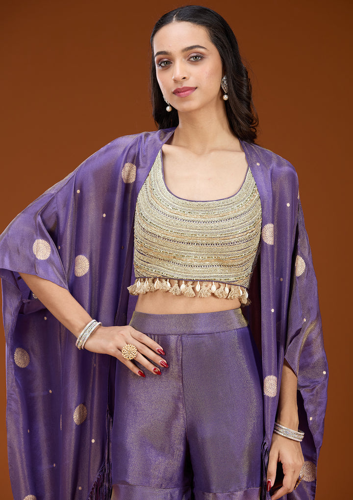 Purple Art Silk Abstract Geometric Zariwork Jacket Kurta With Palazzo And Dupatta