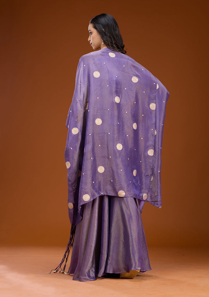 Purple Art Silk Abstract Geometric Zariwork Jacket Kurta With Palazzo And Dupatta