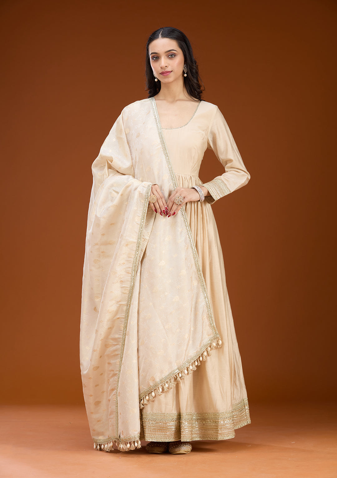 Cream Soft Raw Silk Zariwork Anarkali Kurta With Bottom And Dupatta