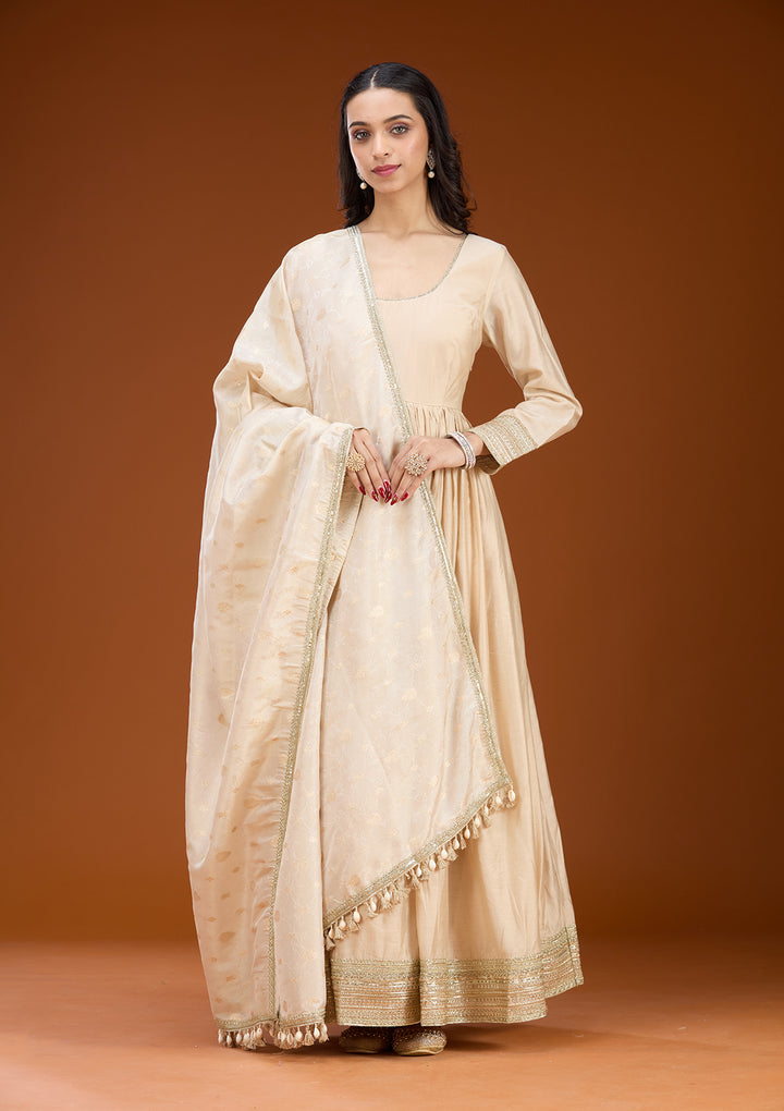 Cream Soft Raw Silk Zariwork Anarkali Kurta With Bottom And Dupatta