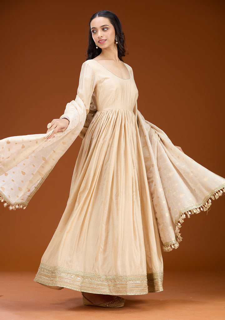Cream Soft Raw Silk Zariwork Anarkali Kurta With Bottom And Dupatta