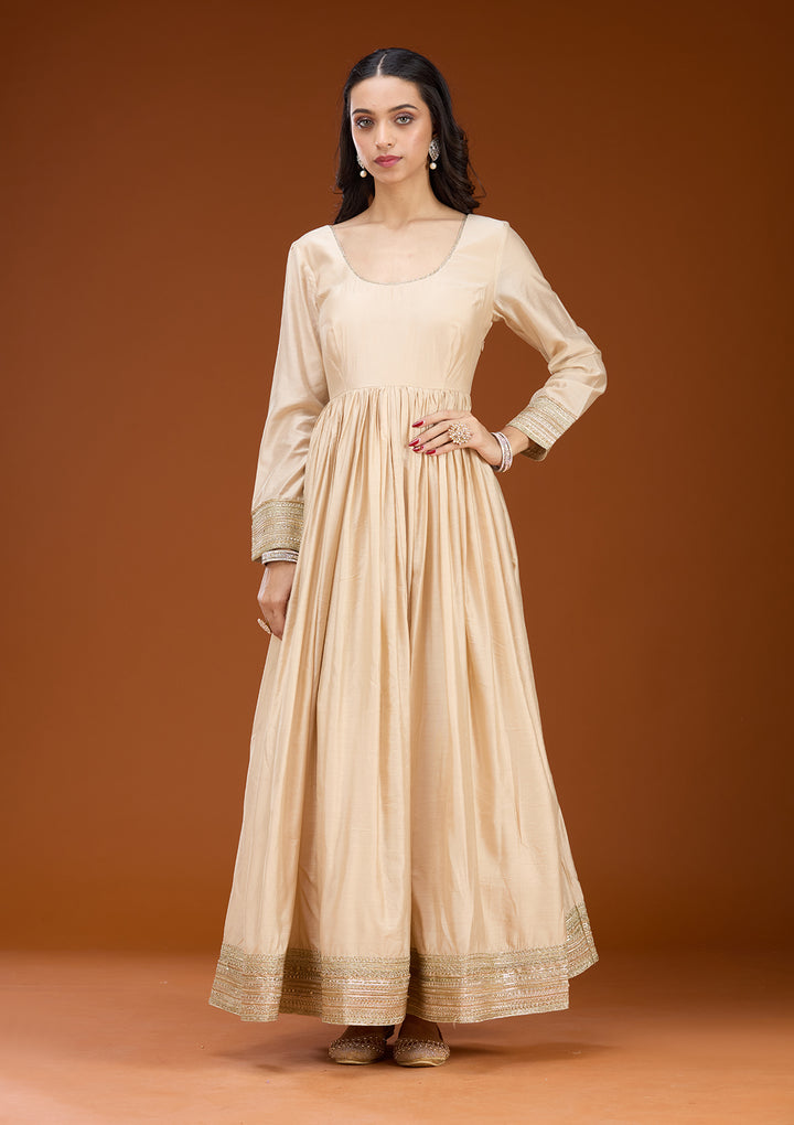 Cream Soft Raw Silk Zariwork Anarkali Kurta With Bottom And Dupatta