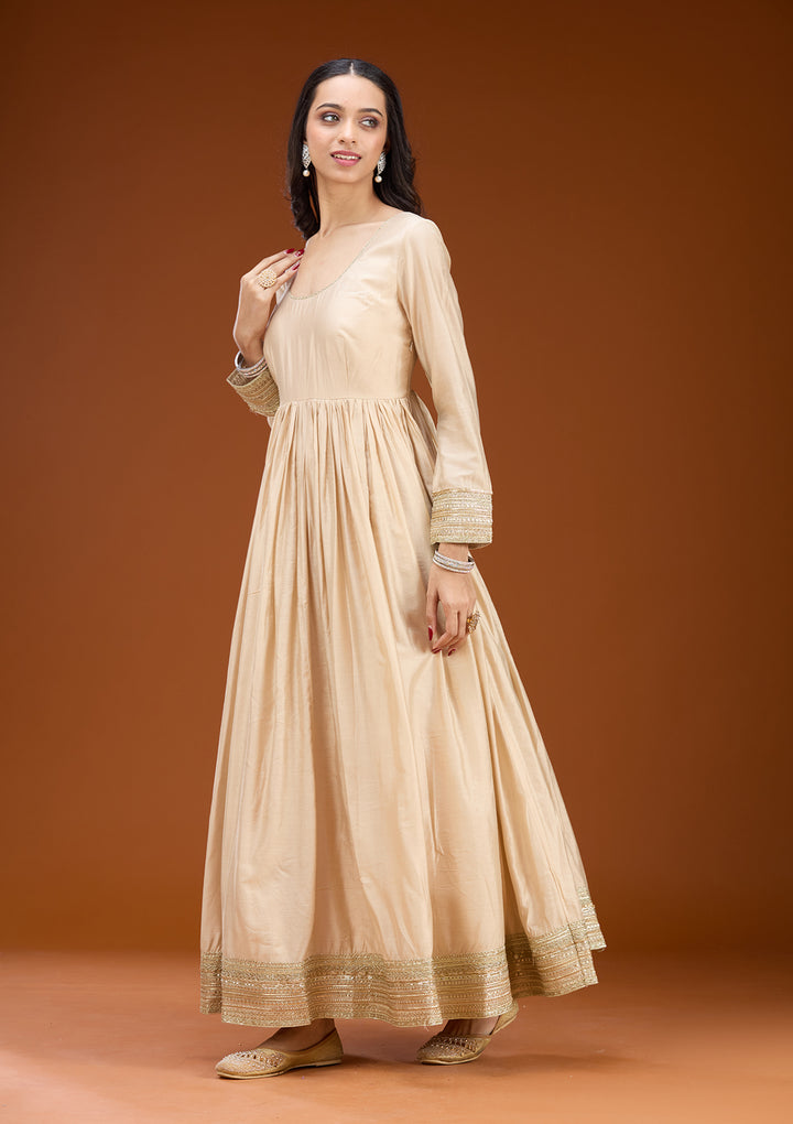 Cream Soft Raw Silk Zariwork Anarkali Kurta With Bottom And Dupatta