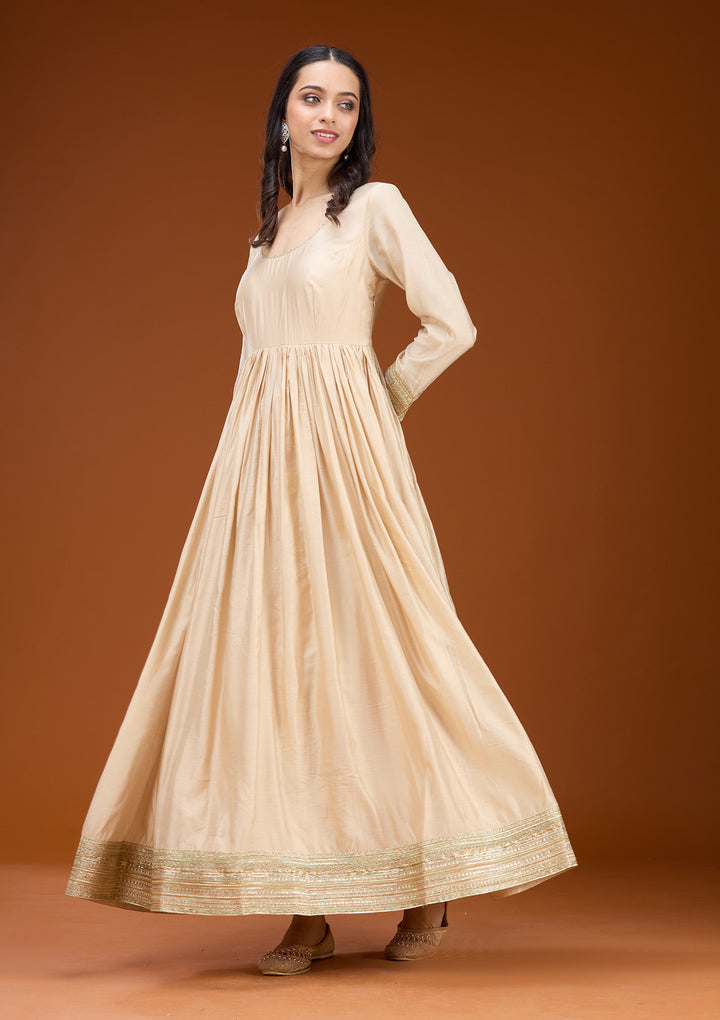 Cream Soft Raw Silk Zariwork Anarkali Kurta With Bottom And Dupatta