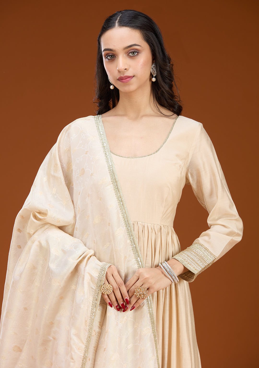 Cream Soft Raw Silk Zariwork Anarkali Kurta With Bottom And Dupatta
