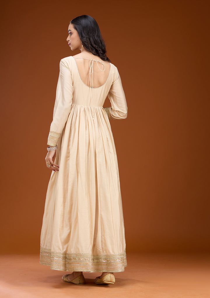 Cream Soft Raw Silk Zariwork Anarkali Kurta With Bottom And Dupatta