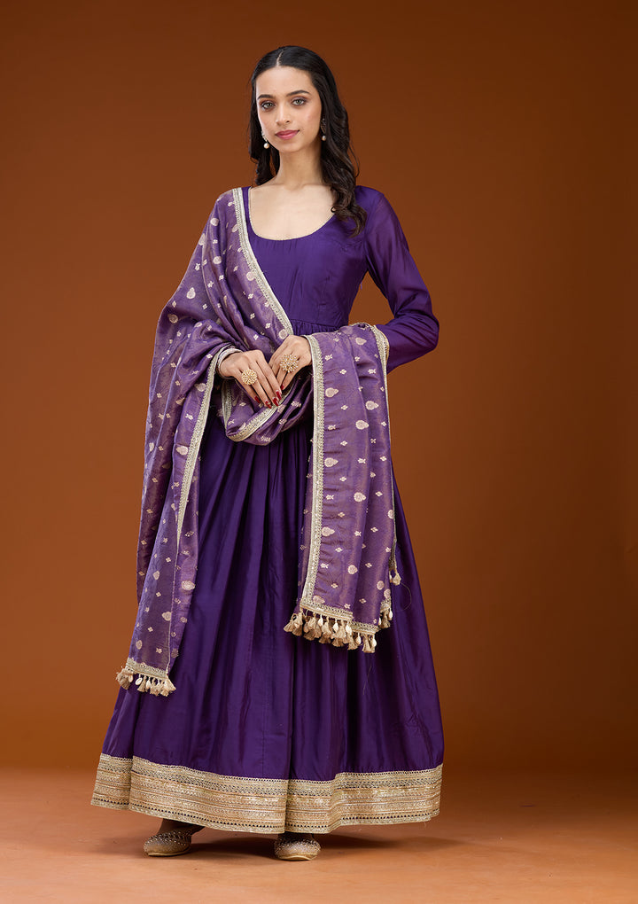 Purple Soft Raw Silk Zariwork Anarkali Kurta With Bottom And Dupatta