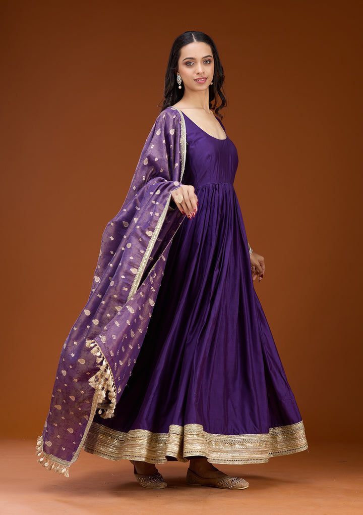 Purple Soft Raw Silk Zariwork Anarkali Kurta With Bottom And Dupatta