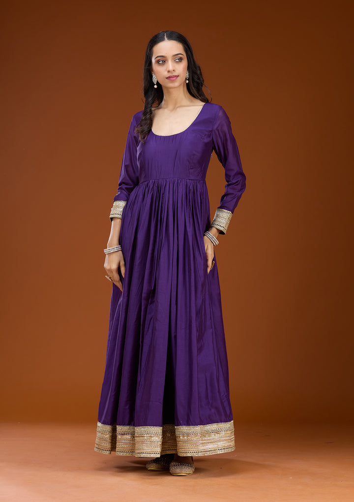 Purple Soft Raw Silk Zariwork Anarkali Kurta With Bottom And Dupatta