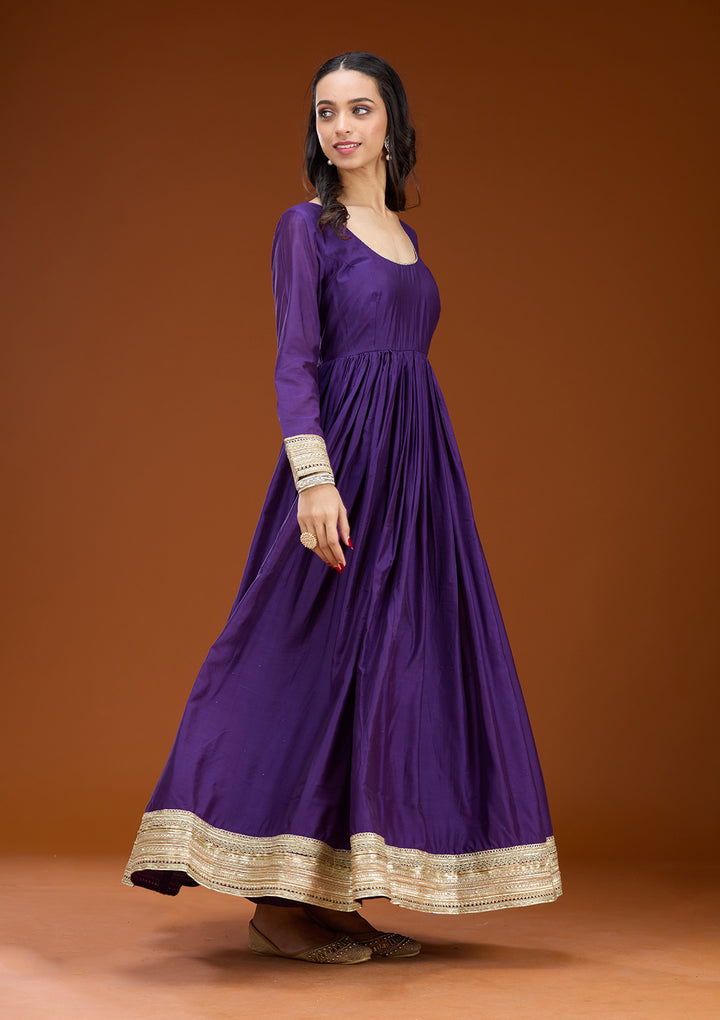 Purple Soft Raw Silk Zariwork Anarkali Kurta With Bottom And Dupatta