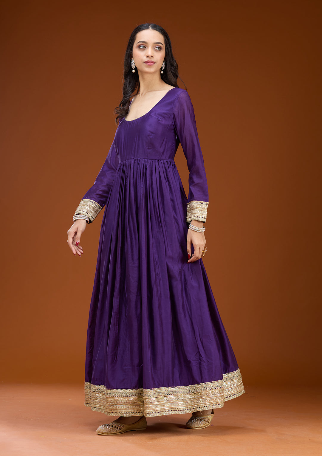 Purple Soft Raw Silk Zariwork Anarkali Kurta With Bottom And Dupatta