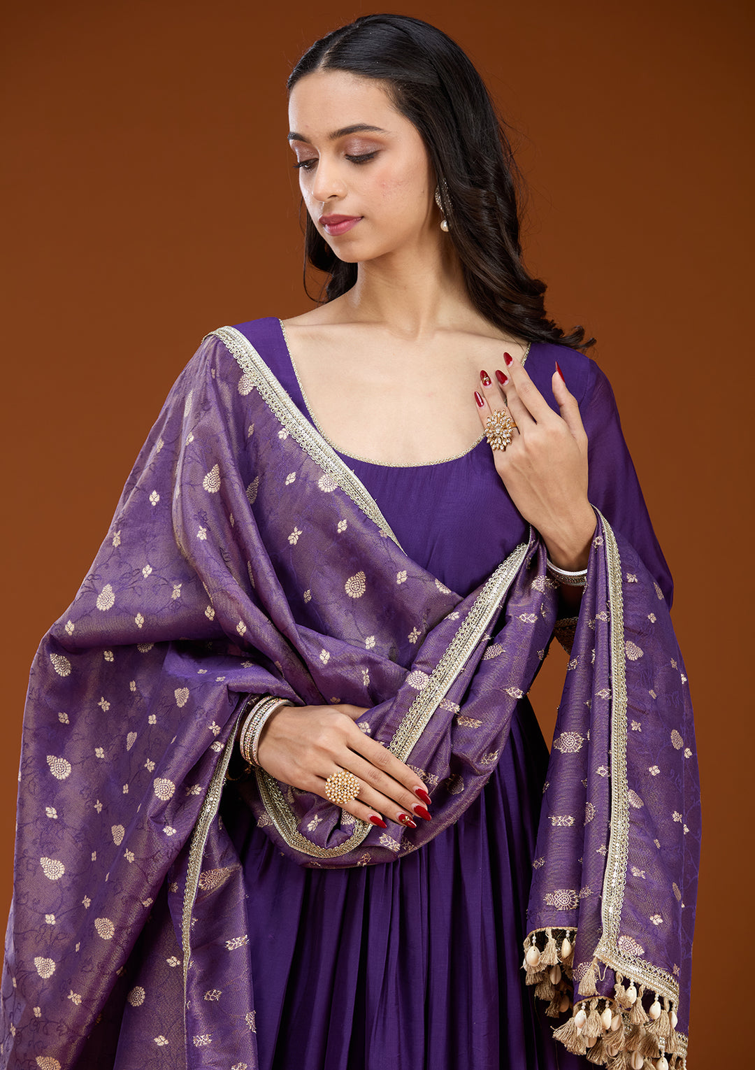Purple Soft Raw Silk Zariwork Anarkali Kurta With Bottom And Dupatta