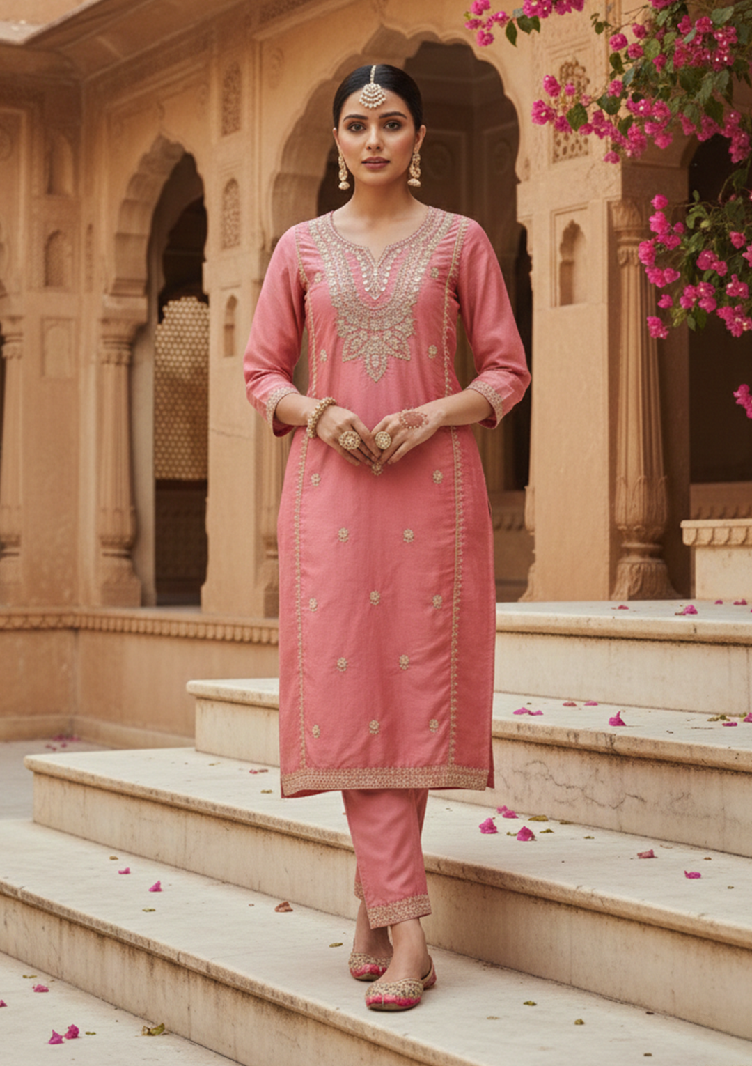 Gajari Pink Art Silk Cording Straight Kurta With Pant Regular And Dupatta