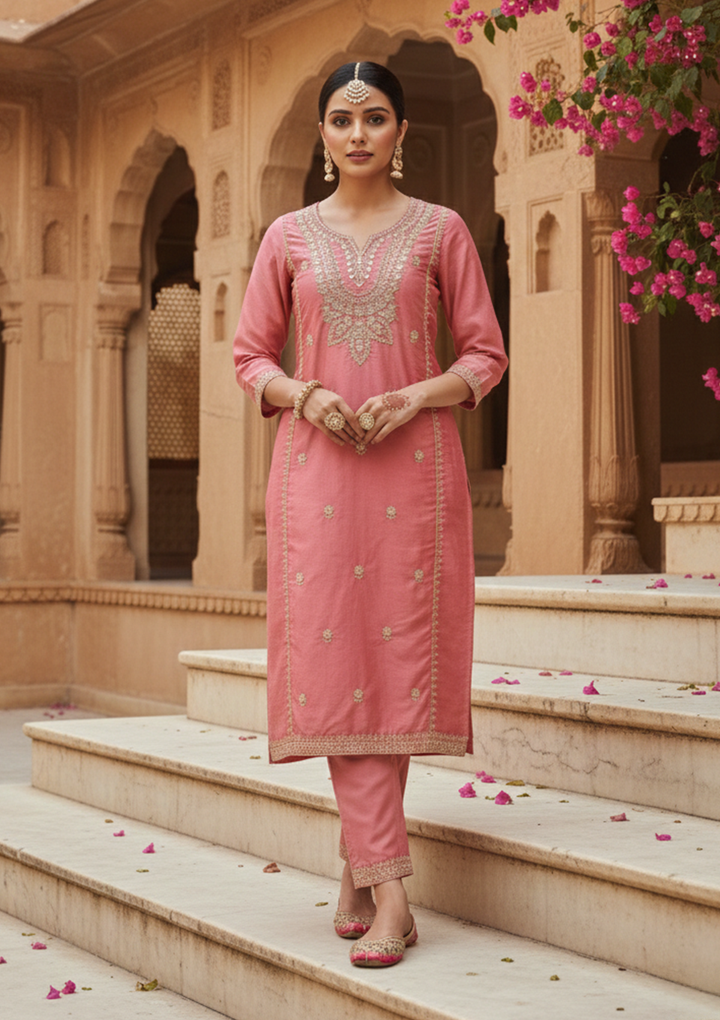 Gajari Pink Art Silk Cording Straight Kurta With Pant Regular And Dupatta