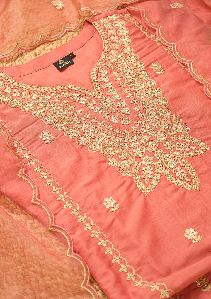 Gajari Pink Art Silk Cording Straight Kurta With Pant Regular And Dupatta